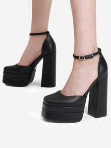 Zapatos de tacón alto y grueso con plataforma y punta cerrada para mujer, con tiras al tobillo y punta cuadrada, para boda, fiesta y graduación - Negro - Ver 9