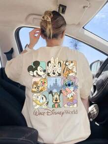 Disney Camiseta de mujer de manga corta con cuello redondo, estampado de dibujos animados del Club de Mickey Mouse, de estilo informal y sencillo, uso diario, para verano, color blanco, tops lindos, colaboración con Disney