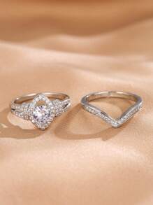 2pcs Women's Elegant High-End Zirconia Ring Set, Fashion Jewelry Gift