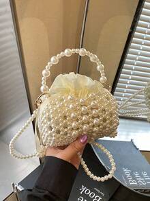 1pc Girls Pearl Drawstring Closure Cute Handbag White Beaded Crossbody Bag, Suitable For Spring/Summer - White - View 6