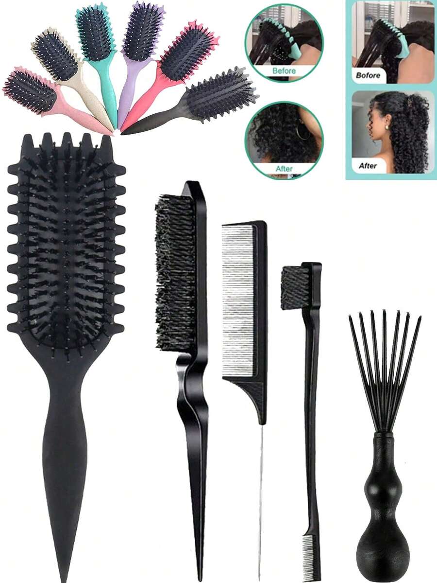 Hair brushes-EU Bộ 4 lược tạo kiểu tóc xoăn - Bao gồm lược tạo kiểu, lược viền tóc, lược tạo độ phồng và lược đuôi nhọn, thích hợp để làm mượt tóc xoăn, chia ngôi và tạo kiểu tóc suôn mượt, dùng được tại nhà và salon.