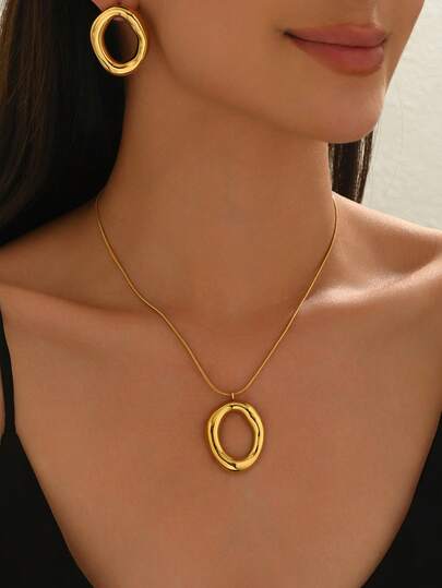 Conjunto elegante de colar e brincos com design geométrico vazado em formato de círculo, 3 peças, ideal para primavera/verão. Joias modernas, lisas, brilhantes, à prova d'água, resistentes ao desbotamento e hipoalergênicas. Perfeitas para o Dia das Mães, Dia dos Namorados e aniversários. Acessórios de vestuário e presentes para diversas ocasiões.