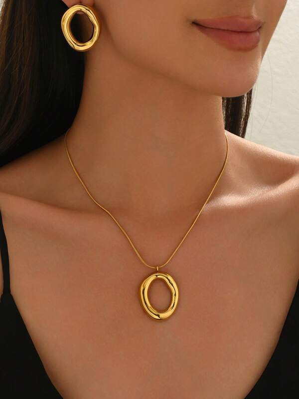 Set de 3 piezas de collar y aretes elegantes con círculos huecos geométricos de acero inoxidable, joyería para mujer de moda brillante resistente a la oxidación e hipoalergénica, adecuado para regalos del Día de la Madre, San Valentín y cumpleaños - Accesorios de ropa y regalos festivos