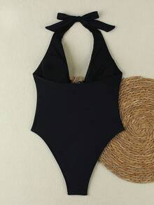 New Arrival Spring/Summer Sexy & Elegant Black Solid Color Beach Vacation Party Date One-Piece Swimsuit For Women - Black - View 4
