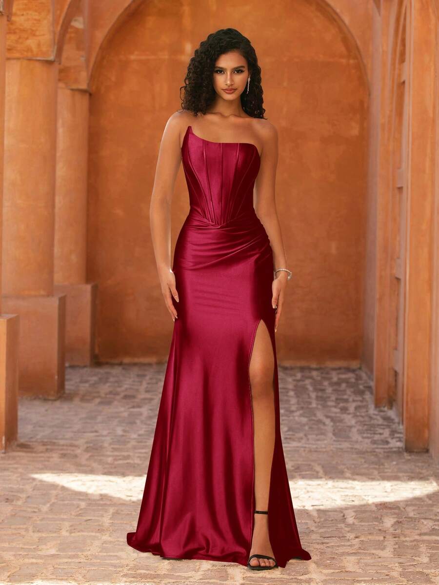 MOEVIO Women's Formal Sexy Off Shoulder Asymmetrical Satin Ruched Pleated Backless Split Thigh Bodycon Luxury Evening Prom Bridesmaid Dress For Dating Valentines Party Gown, Wedding Dresses Bride Birthday Back To School Homecoming Fall Outfits Spring