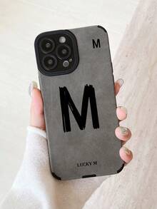 LUCKY Letter Print Fashion Design Phone Case, Matte Gray Faux Leather Texture, Precise Cutouts, Shock-Resistant Vintage Velvet Finish, Full-Body Protection, Lens Protection, Compatible With IPhone 17 Pro Max - Multicolor - View 2