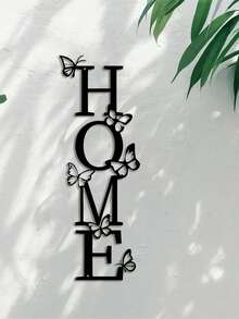 1buc HONME decor de perete metalic cu ornament fluture, artă grafică pentru sufragerie, decor pentru intrare verticală cu tematică pentru casă