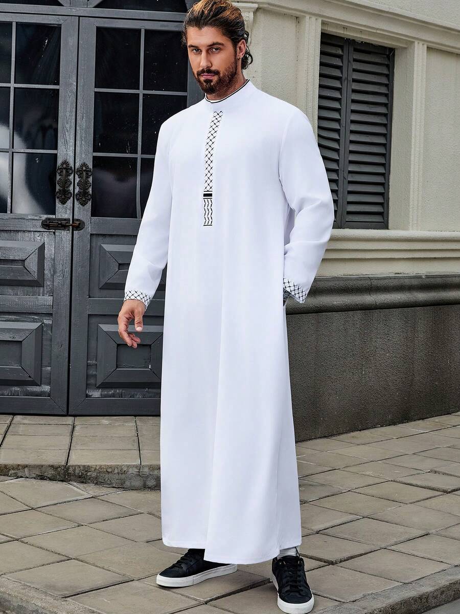 Áo choàng cổ đứng đơn giản màu trắng giản dị dành cho nam, chất liệu polyester cao cấp, thêu sọc đen, áo choàng nam thanh lịch