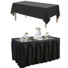 Juego de mantel y falda de mesa, falda de mesa desechable de 29 in x 14 ft y mantel de plástico de 54 x 108 in para mesas rectangulares, bodas, fiestas de bufé, fiestas de cumpleaños, decoraciones de baby shower, Navidad, San Valentín, Pascua (Blanco, Negro, Rosa, Azul)