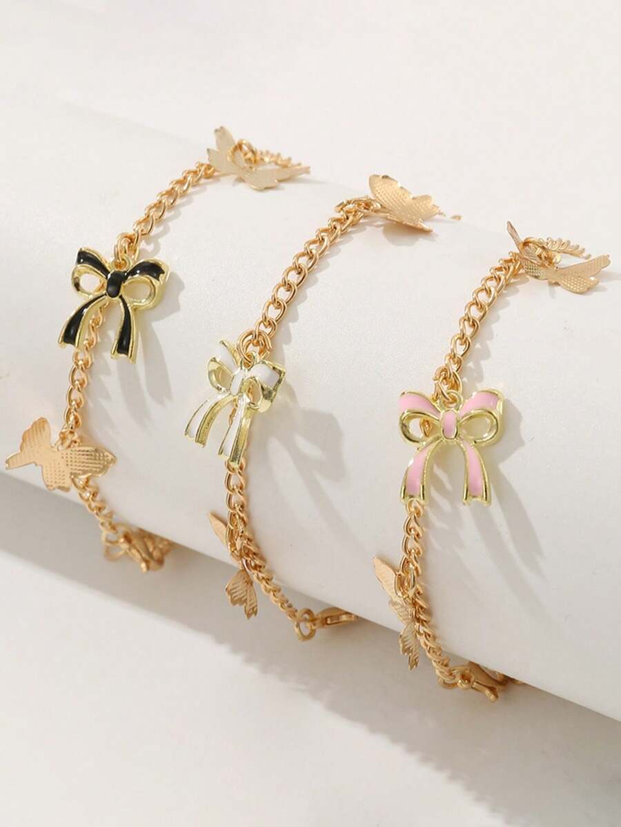 Juego de 3 pulseras con colgante de lazo de diseño lindo y simple de colores, adecuado para uso diario - Multicolor - Ver 1