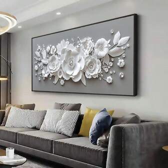 1pc White Floral Canvas Wall Arts, Frameless Modern Abstract Print Decor,Bonitacal Posters For Living Room, Bedroom, Or Hallway,Living Room Decor | Textured Wall Decor | Detailed Flower Art, Room Decor Aesthetic