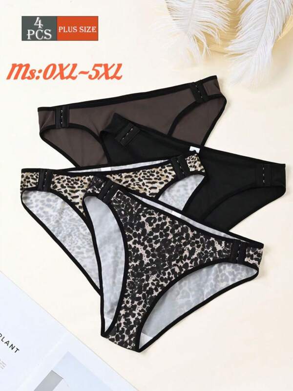 4pcs Plus Size Sexy Leopard Print Breathable Mid-Waist Removable Women Panties Set - Leopard & Solid Color Mature Charm Design, Elegant Knitted Fabric With Contrasting Color Trim