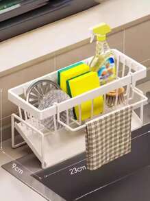 1pc Multi-Functional Carbon Steel Kitchen Storage Rack Kitchen Sink Faucet Sponge Drain Basket Kitchen Shelf Sink Rags Draining Rack Detergent Steel Wire Ball Storage Rack, No Hole Punching And No Installation, Can Hang Cleaning Cloth Can Store Cleaning Tools, Kitchen Accessories