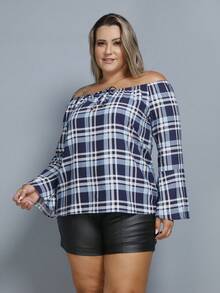 Women's Plaid Shirt Plus Size  Blouse Long Sleeve GG G1 G2 G3 - Azul novo - 查看 4