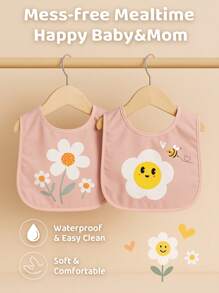 2 Packs Waterproof Baby Bibs With Daisy & Bee Print – Soft, Comfortable & Easy To Clean, Mess-Free Feeding For Infants ,Baberos Impermeables