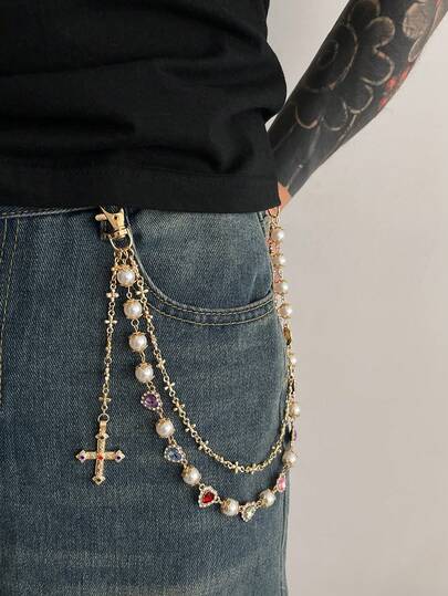 1pc Retro Luxurious Multi-Layer Rhinestone Imitatation Pearl Pants Chain, Cross Body Chain, Pants Decoration For Men