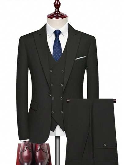 SuitGent 男士三件套时尚修身西装外套马甲西裤套装，经典正式商务婚礼礼服，男士休闲西装服装