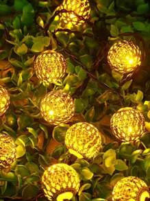 Solar Morrocan Ball String Lights Outdoor, 16.4ft 20 LED Metal Globe Fairy Lights For Christmas, Space-Themed Waterproof Decorative Lighting With 600mAh Nickel Battery, Push Button Control