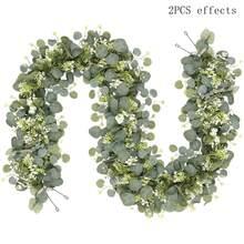 1/2/50件套人造尤加利花环，白色花朵，5.9英尺/180厘米银色尤加利叶满天星花环，仿真绿植藤蔓，适用于婚礼、派对、壁炉、桌旗、家居装饰、房间装饰、浴室装饰、办公室装饰、卧室装饰、夏季装饰、人造植物 - 蘋果葉藤條-綠 - 查看 1