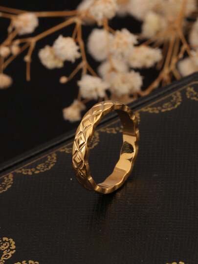 1 件简约 18K 金色不锈钢钻石图案精致戒指，复古别致百搭，适合女性日常工作、送给朋友的礼物、情人节