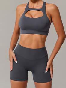 MASKERT 两件套春夏女士套装女运动服瑜伽服健身服女士跑步运动背心套装运动服短裤套装居家休闲运动舒适亲肤 - 深灰色 - 查看 2