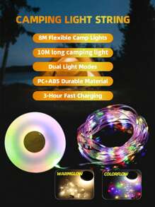 Luces de cadena solares/recargables para acampada de 8M/10M, luces de hadas de exterior con diferentes modos de iluminación, luces de decoración portátiles y retráctiles con USB, aptas para acampada, jardín, decoración de fiesta (luz de color y cálida)