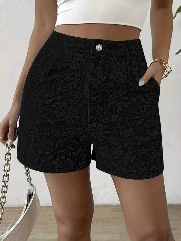 Shorts femininos de cintura alta, elegantes, casuais, de tecido jacquard e cetim, verão