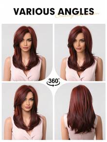 Wine Red Wigs For Women, Long Layered Hair Wigs With Bangs Heat Resistant Synthetic Fiber Wigs For Daily Party Cosplay Music Festival Fashion Wigs - 酒紅色 - 查看 7