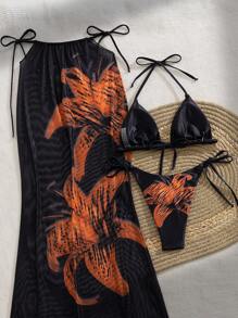 3 Pezzi, Set Costume da Bagno Donna con Stampa Floreale, Gonna e Bikini, Estivo