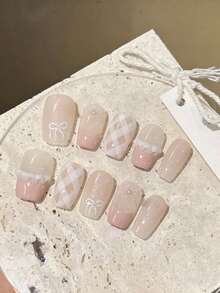 10pcs Ombre Pink Ruffle Edge Plaid Bow Design Cute & Elegant Handpainted Nail Polish - Pink - View 2
