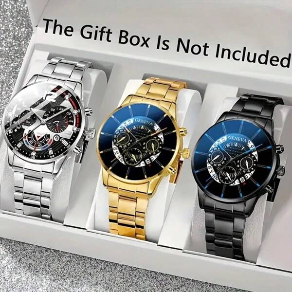 Nuevo set de 3 piezas de relojes de negocios para hombre, esfera redonda, correa de aleación, regalo para el Día del Padre o cumpleaños
