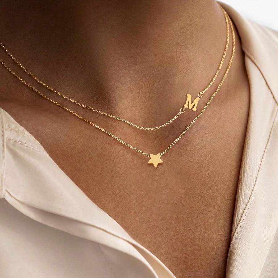 2Pcs/Set Classic Stainless Steel Star Initial Pendant Chain Layered Necklaces For Women - Style 6 - View 1