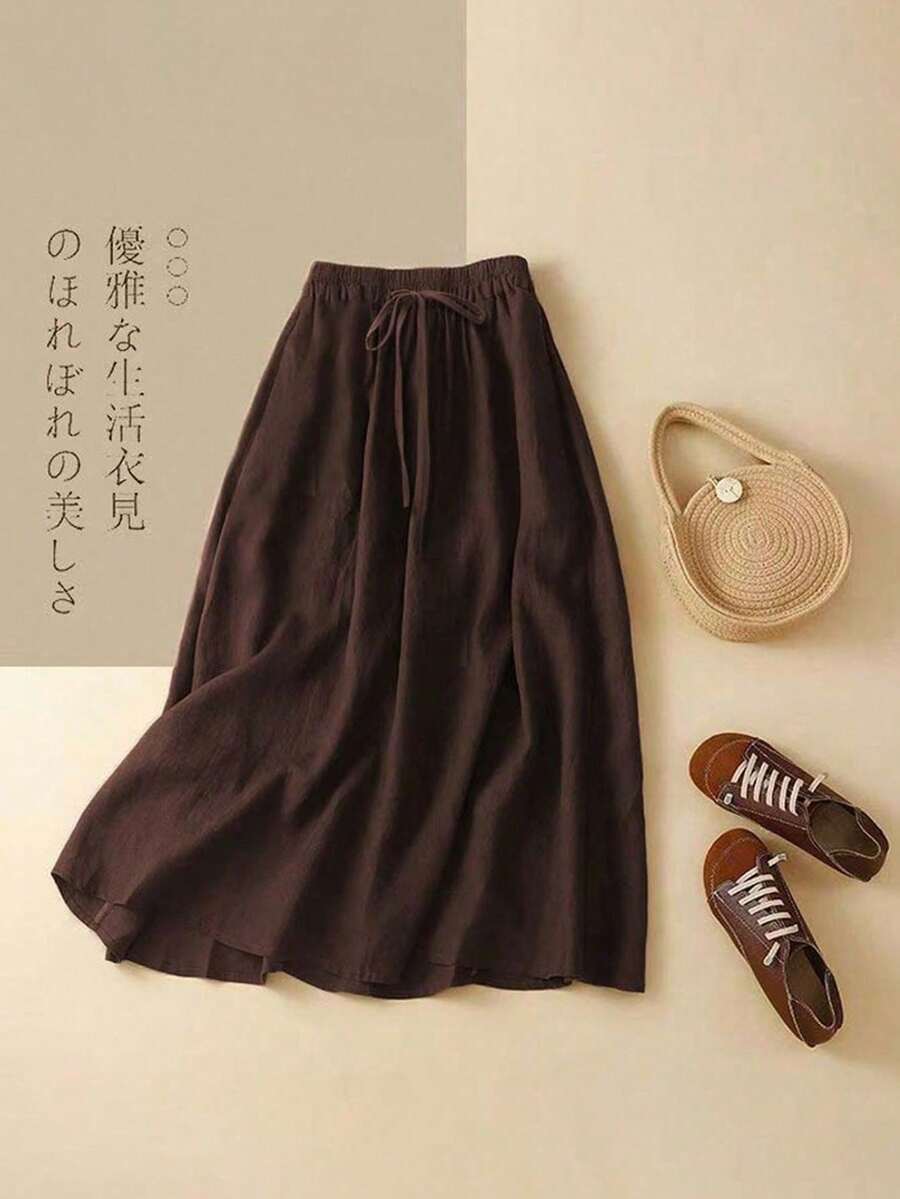 Plus Size Women Elastic Waist Loose Casual Mid-Length Solid Color Skirt, Lightweight And Comfortable, Suitable For Spring/Summer