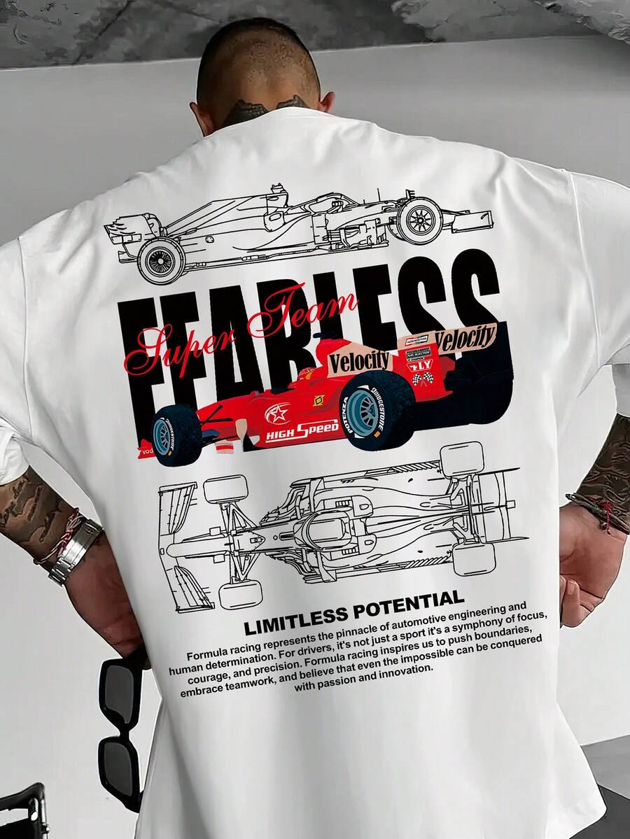 Áo thun nam cổ tròn màu trắng dáng rộng thoải mái có in hình công thức đua xe, phong cách thể thao - trắng - Xem 1