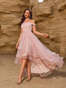 Elisanya Off Shoulder Contrast Sequin High Low Hem Mesh Party Dress,Cocktail Semi Formal Prom Dress - Champagne - View 5