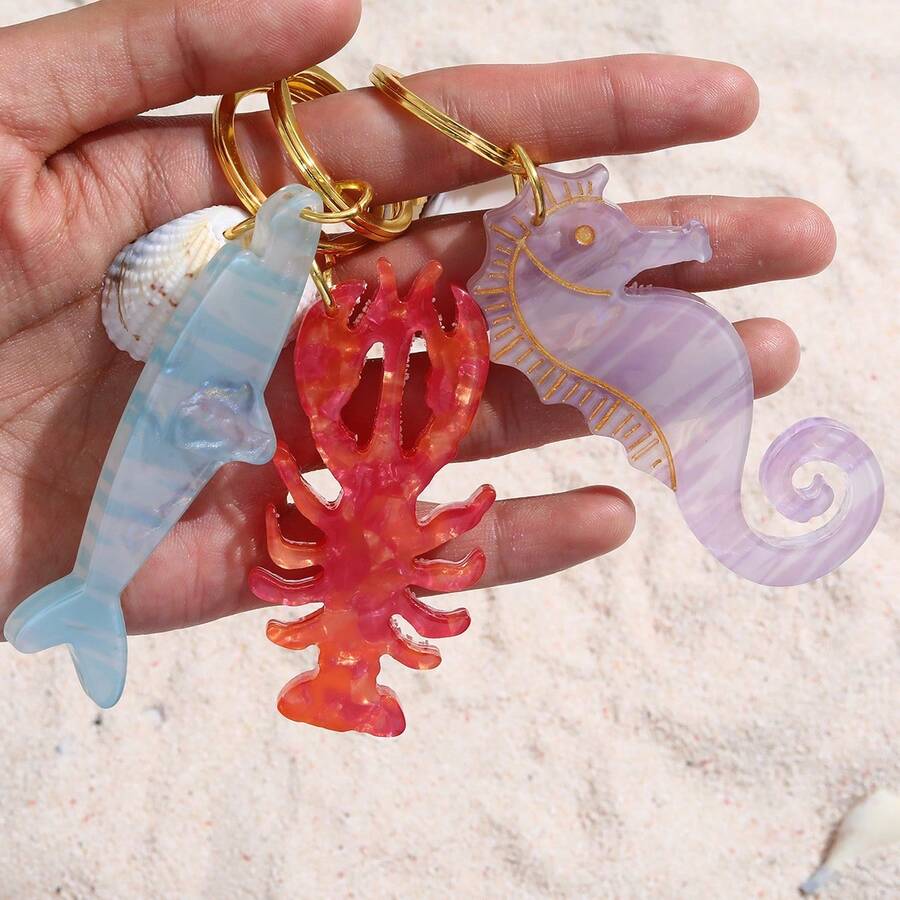 可爱海洋主题钥匙扣，海马、海星、虾、贝壳装饰，简约设计，适合暑假、上学、汽车等场合，哥特风、Y2K风格，圣诞节礼物，可作包包挂饰，送给老师、朋友、姐妹的礼物创意