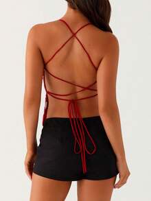 Women Sequin Sparkle Open Back Criss Cross Straps Tank Top Y2k Pearl Embellished Cami Tops Sexy Bling Glitter Rhinestone Camisole - 紅色 - 查看 5