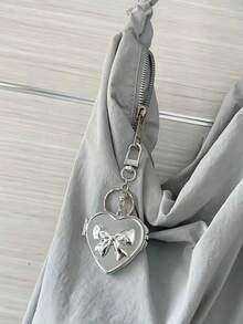 Silver Bow & Heart Shape Mirror Vintage Y2K Pendant, Handbag/Keychain Charm, Accessory - Silver - View 1