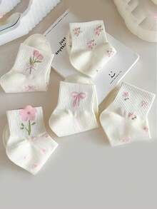 5 Pairs Women's Flower & Bow Decor Mid-Calf Socks, Sweet Campus Style Streetwear, Comfortable & Soft For Daily Wear - Multicolor - View 6