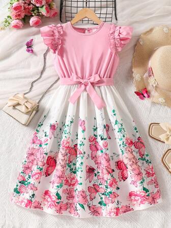 Tween flickor med volangfåll Digital fjärilstryck Klänning med knäpp midja