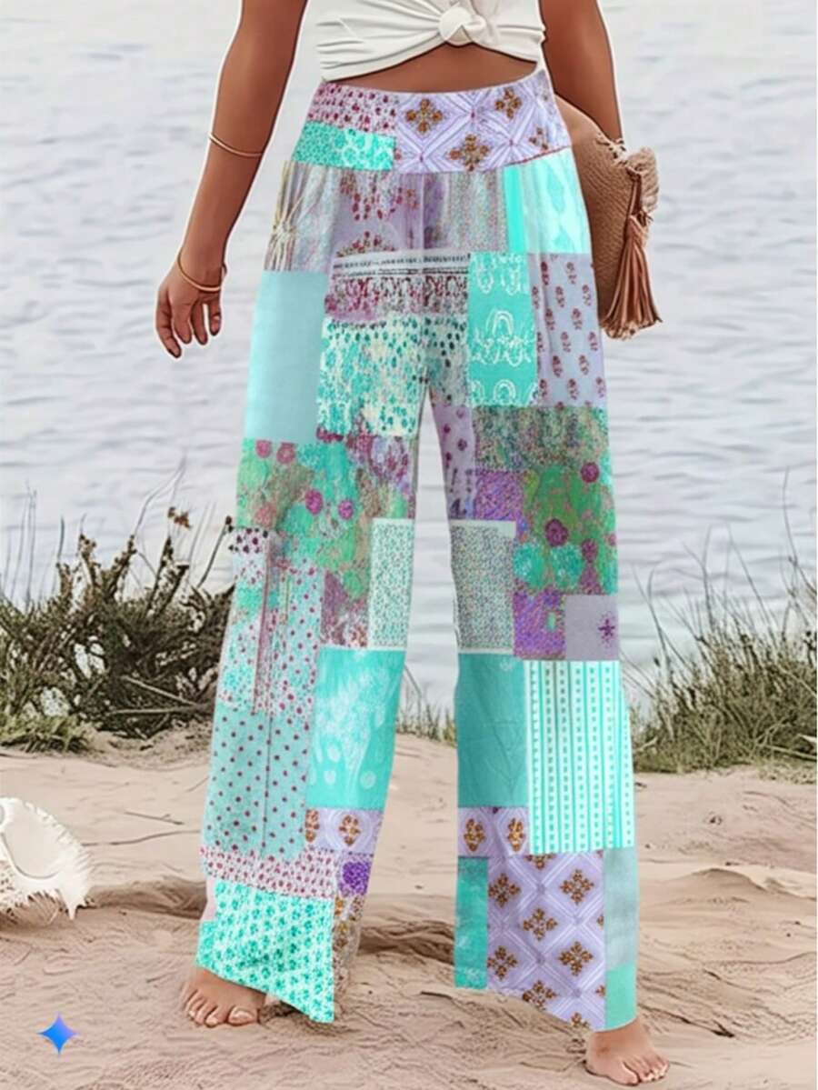 Fashionable Casual Vacation Style Elegant Women's Versatile Slim-Fit Outdoor, Home, Travel, Work Pants, New Autumn/Winter Floral Patchwork Loose Trousers For Ladies