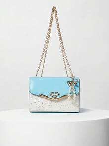 Bow & Faux Pearl Decor Square Bag Flap Chain PU Fashionable Gifts - View 1
