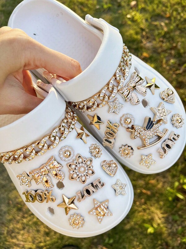 28pcs Gold Bow, Pearl, Flower, Star Shoe Charms Accessories Fit For Clogs, Slides, Beach Sandals DIY Decoration