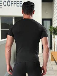 1 pieza Camiseta deportiva de manga corta y cuello redondo, de unicolor, transpirable, para hombres, talla grande, adecuada para correr, ir al gimnasio, ciclismo - Negro - Ver 6