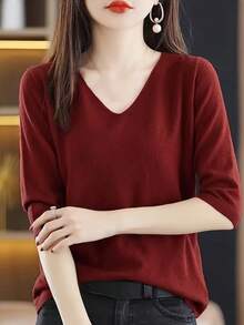 Versatile Half Sleeve Solid Color V-Neck Sweater - Knitted Top For Spring & Fall - Women's Clothing - Red - View 2