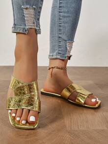 Fashionable Brand H Girl's Lace-Up Slippers, Casual Outdoor Roman Slip-On Sandals, Flat Embossed Slippers, Recommended By Bloggers, Desert Key French Retro Lace-Up Low Heel Round Toe Indoor Outdoor Anti-Odor Anti-Slip Simple Slippers, Girl Alligator Texture Slippers, Versatile Metal Decor Flat Lace-Up Slippers, Stylish Sandals For Summer - Gold - View 3