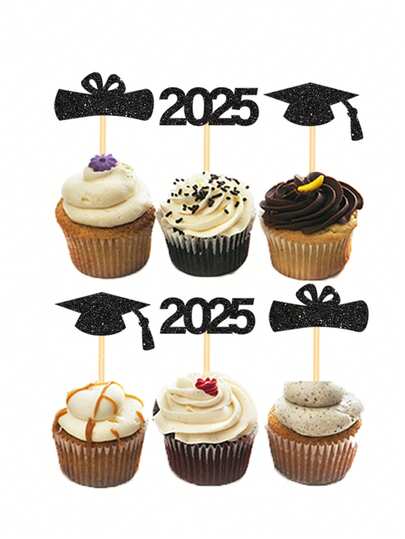 12 件毕业主题蛋糕装饰 - 2025 年毕业帽、毕业证书、糖果，适合毕业派对蛋糕装饰