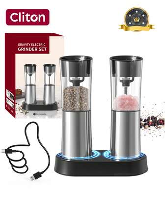 CLITON Moulin à poivre et salière électrique à gravité, base rechargeable USB, sans pile nécessaire, utilisation d'une seule main, mouture réglable, moulin à assaisonnement électrique automatique, rechargeable, mouture réglable, lumière LED, matériau en plastique et acier inoxydable