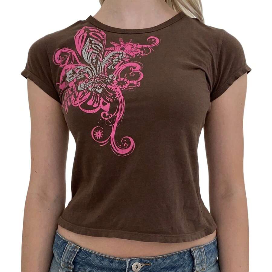Women Teen Girl Y2k Top Clothes Cute Graphic Print Brown Crop Top Tee T-Shirt E Girl Clothing Aesthetic - 棕色 - 查看 1