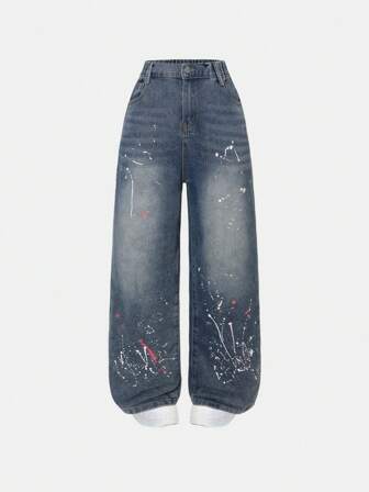 Teen Girl Washed Print Jeans, 2025 Spring Autumn New Oversized Girls' Printed Graffiti Loose Wide-Leg Pants